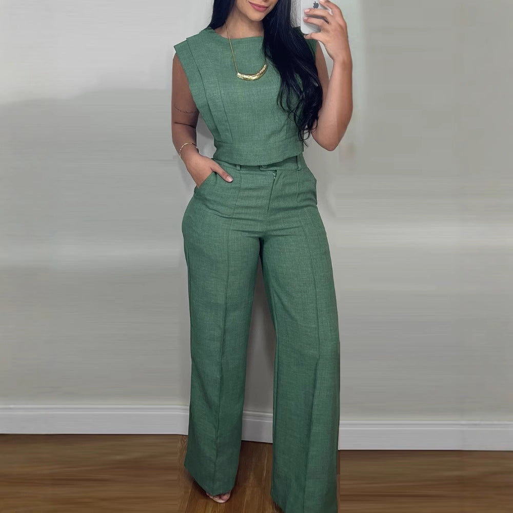 Summer Sleeveless Suit Fashion Round Neck Vest Top And Pocket Straight Pants Casual Trousers Set