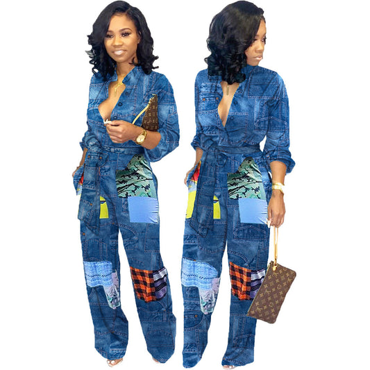 Printed Denim Jumpsuit