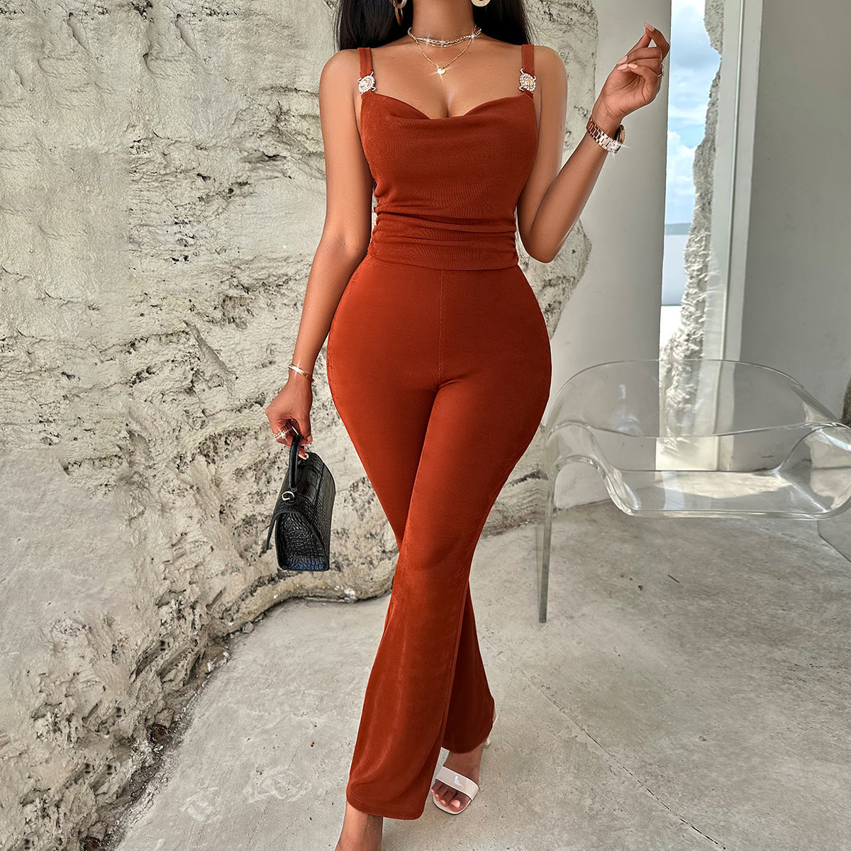 WoCasual Style Solid Color Sling Metal Jumpsuit