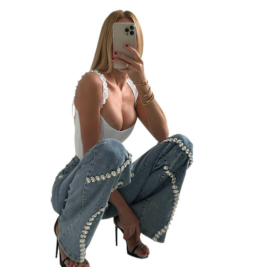 Loose Straight Leg Casual Pants With A Rhine Stone Denim Design