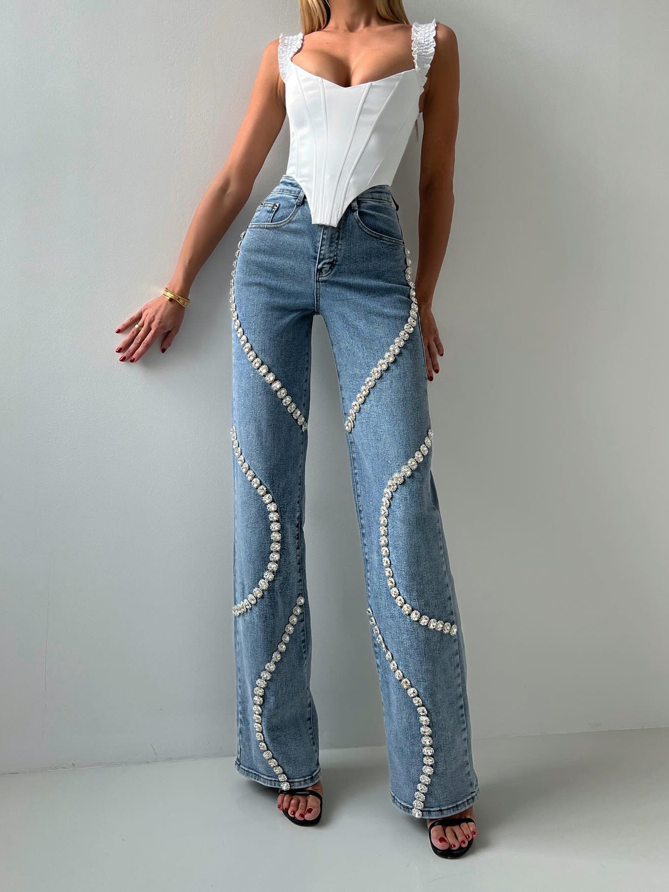 Loose Straight Leg Casual Pants With A Rhine Stone Denim Design