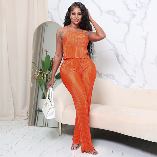 Pleated Solid Color Sling Top Wide Leg Trousers Casual Suit