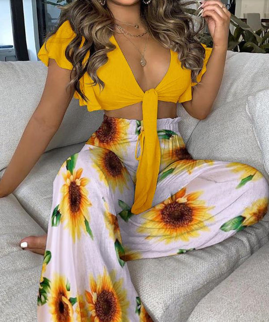 Printed Trousers Lace Up Top Suit