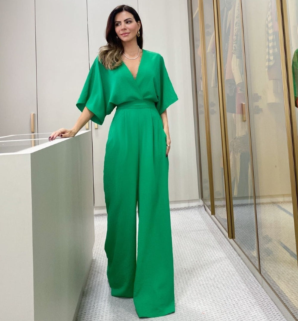 Short-sleeved V-neck Batwing Jumpsuit - Branpairriel Clothing Store