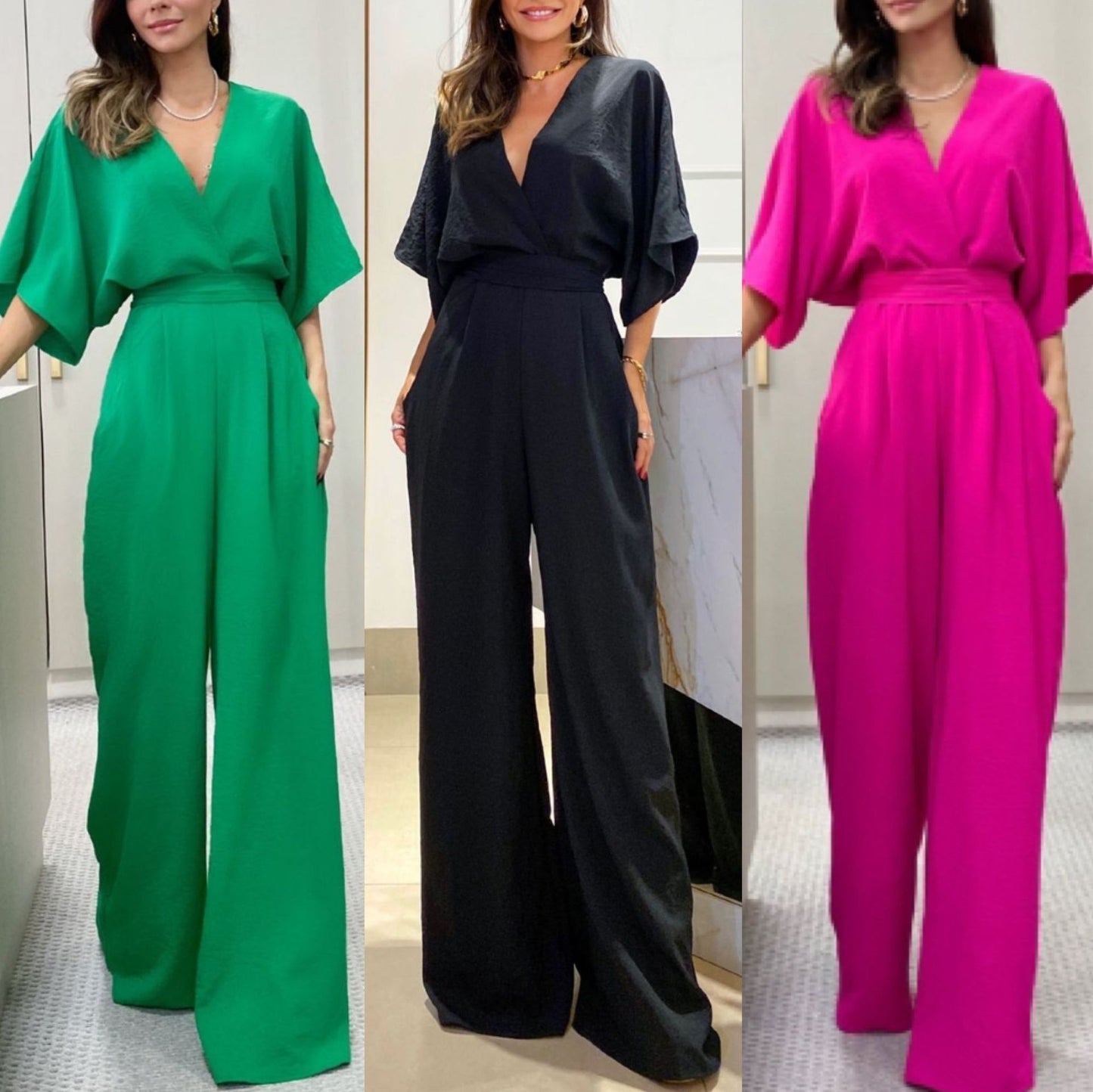 Short-sleeved V-neck Batwing Jumpsuit - Branpairriel Clothing Store