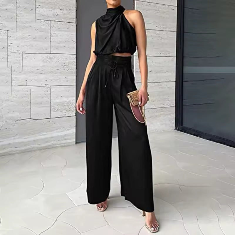 Casual Sleeveless Top And Wide Leg Pants Set