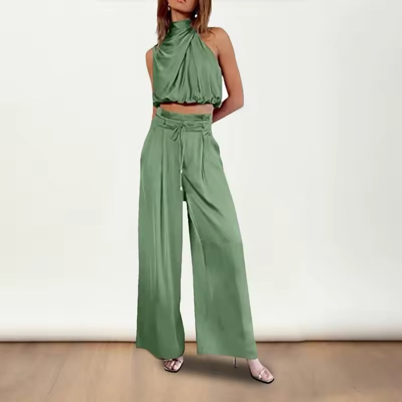 Casual Sleeveless Top And Wide Leg Pants Set