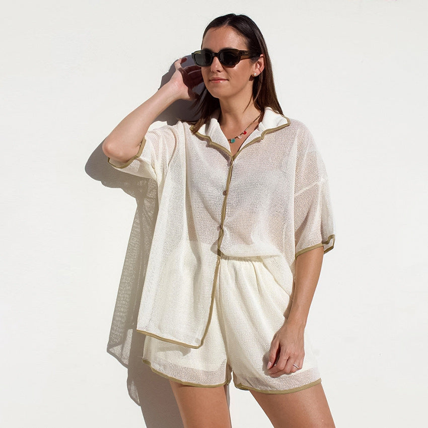 See-through Cardigan Pajamas Two-piece Set For Women