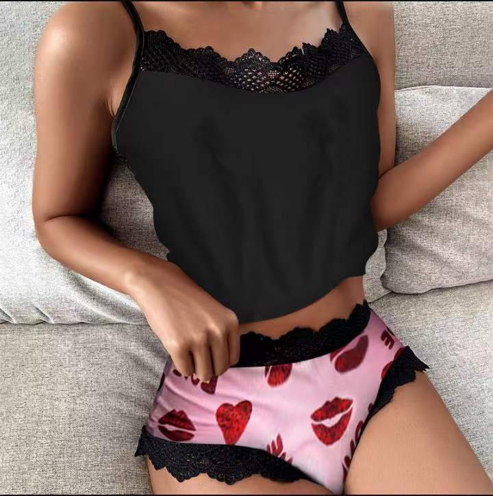 Printed Lace Lace Spaghetti-strap Two-piece Pajamas Women