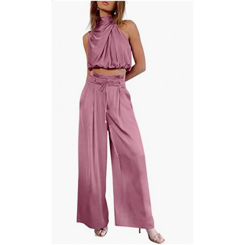 Casual Sleeveless Top And Wide Leg Pants Set