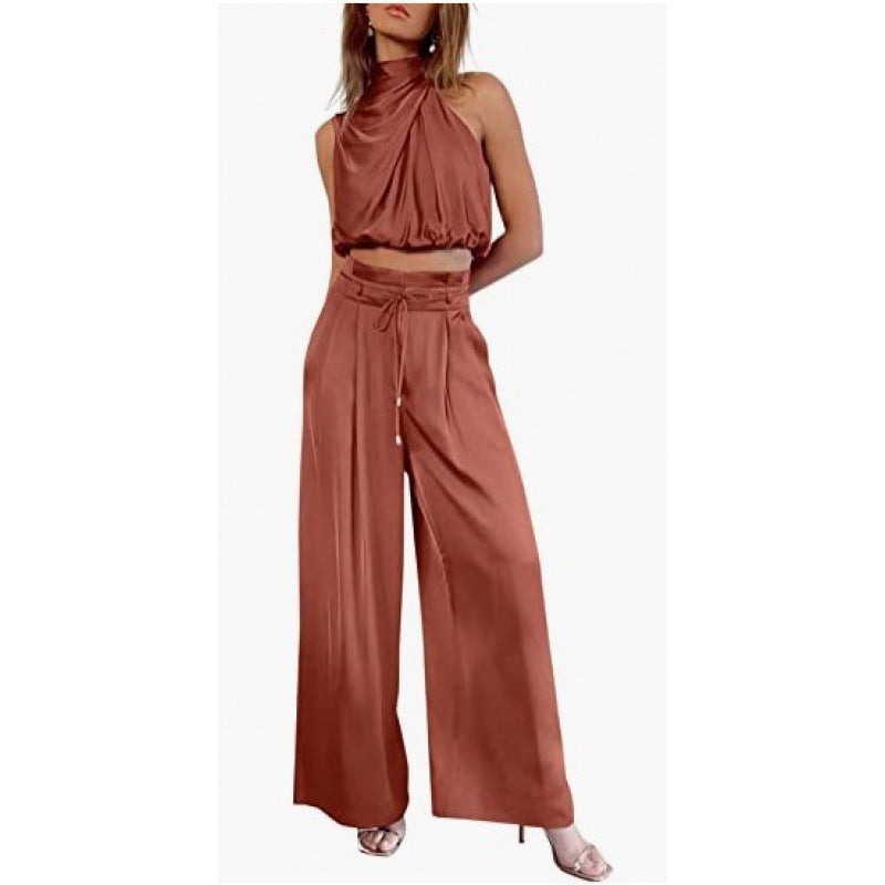 Casual Sleeveless Top And Wide Leg Pants Set