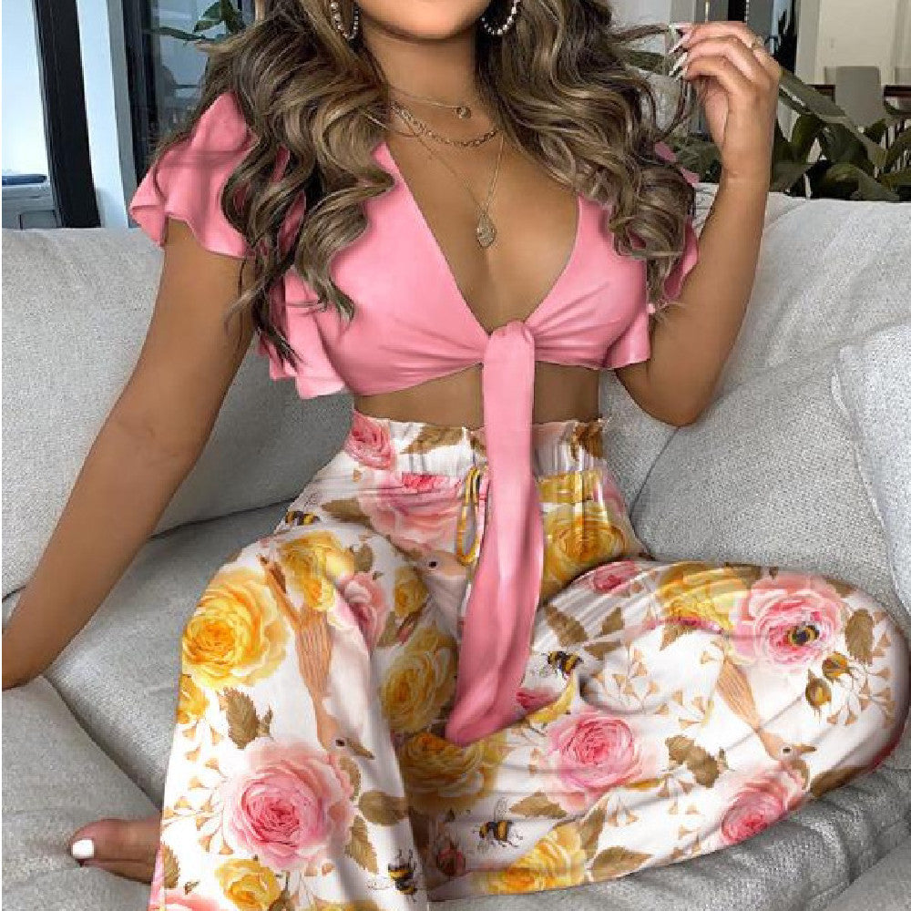 Printed Trousers Lace Up Top Suit