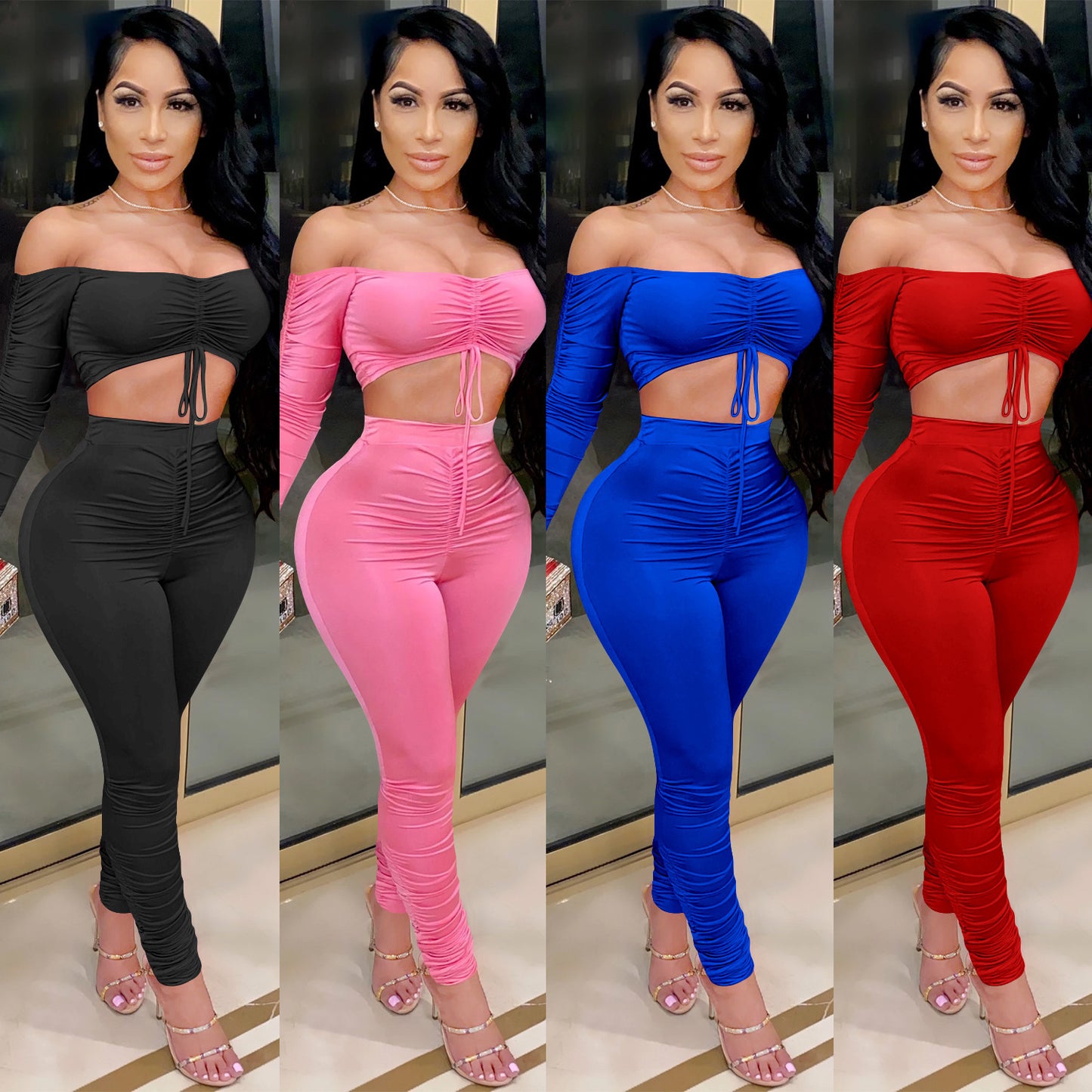 Pleated Off-shoulder Drawstring Oversleeves Lace-up