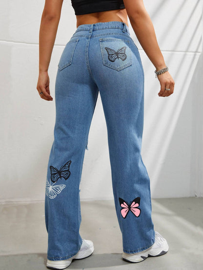 High Waisted Straight Leg Jeans Trendy Butterfly Print Ripped Distressed Denim Pants