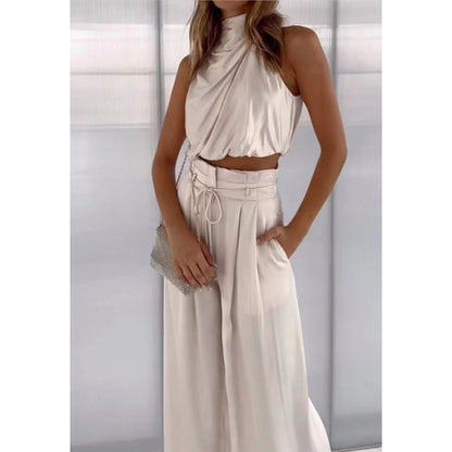 Casual Sleeveless Top And Wide Leg Pants Set