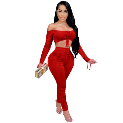 Pleated Off-shoulder Drawstring Oversleeves Lace-up
