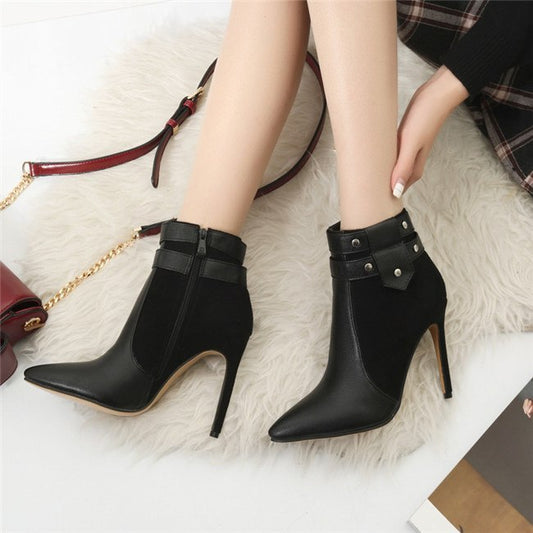 Retro Thin High Heels Buckle Strap Rivets Ankle Stiletto Boots