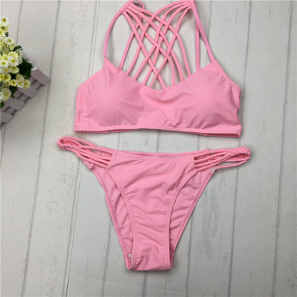 Bikinis Sexy pink bandage cut out Halter bikini swimsuit women cross Women's swimwear