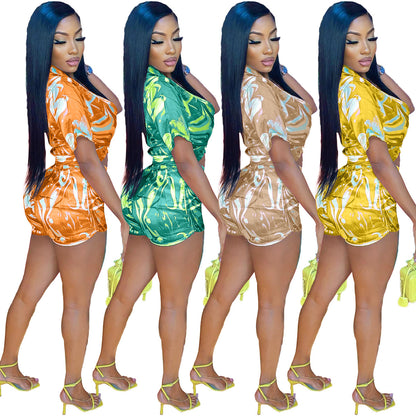 Satin Printed Shirt Short Two-piece Set