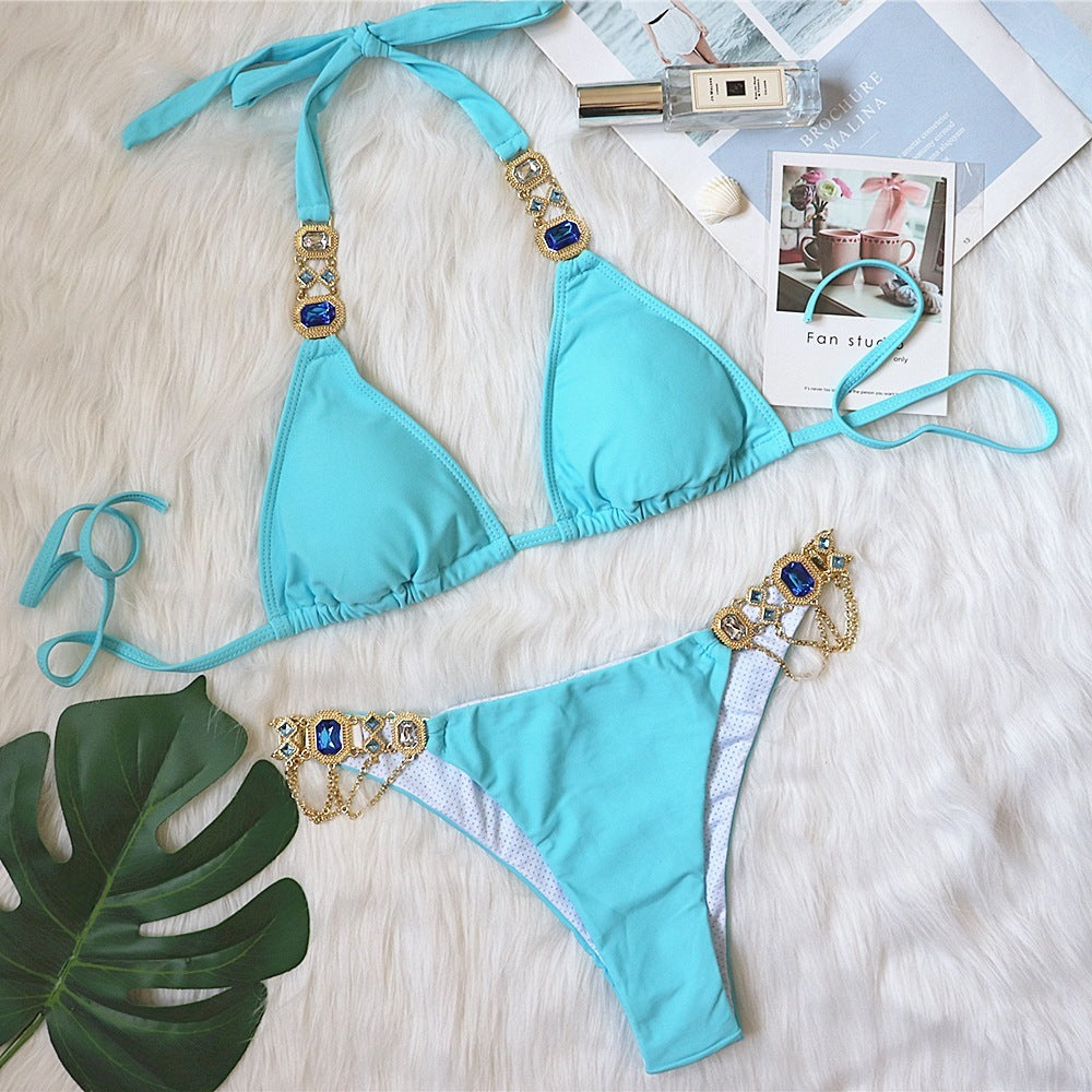 Purple Halter Crystal Diamond Bikini Female Swimsuit Women Swimwear Rhinestone Bikini