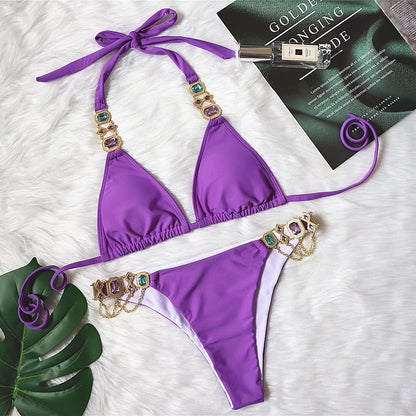 Purple Halter Crystal Diamond Bikini Female Swimsuit Women Swimwear Rhinestone Bikini