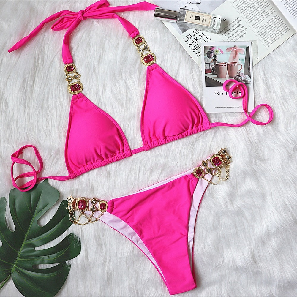 Purple Halter Crystal Diamond Bikini Female Swimsuit Women Swimwear Rhinestone Bikini