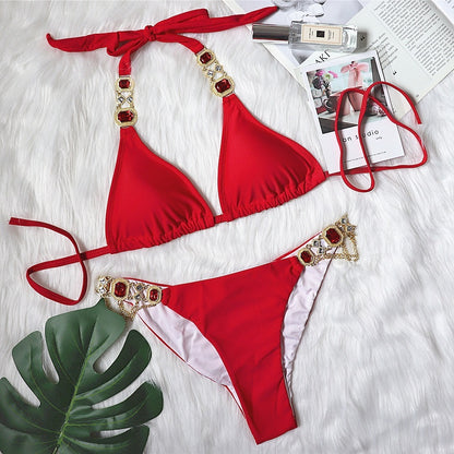 Purple Halter Crystal Diamond Bikini Female Swimsuit Women Swimwear Rhinestone Bikini
