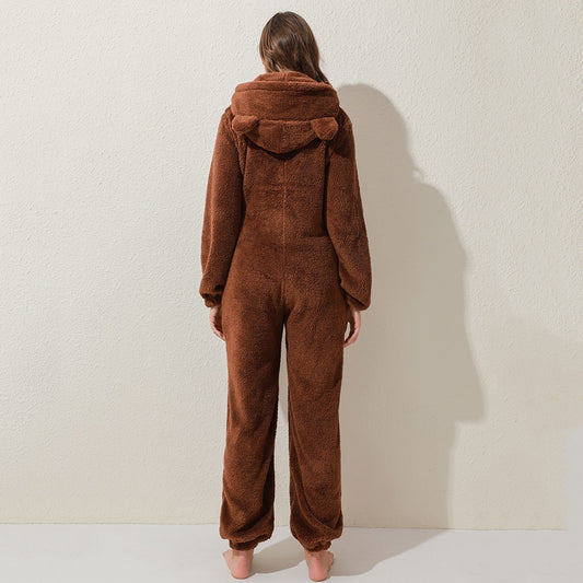 New Autumn And Winter Style One-Piece Pajamas Plus Velvet Thickening Pajamas Plush Hoodie Women