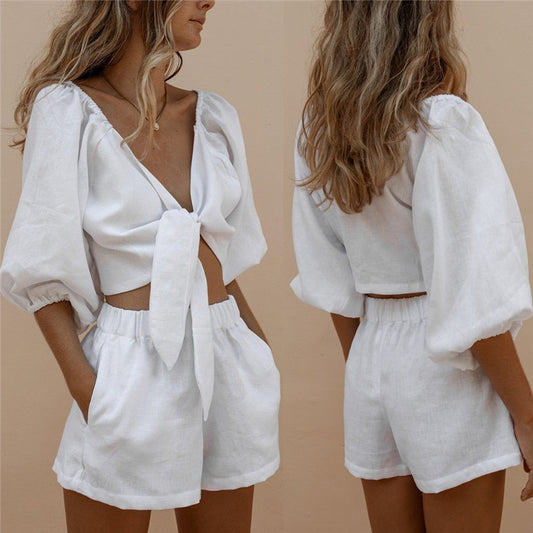 Two Piece Elastic Waist Wide Leg Short Set