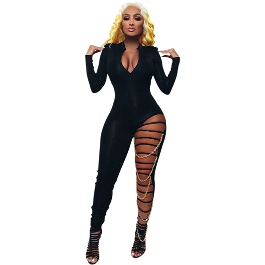 Deep V Chain Slim Fit Coveralls Nightclub Clothing