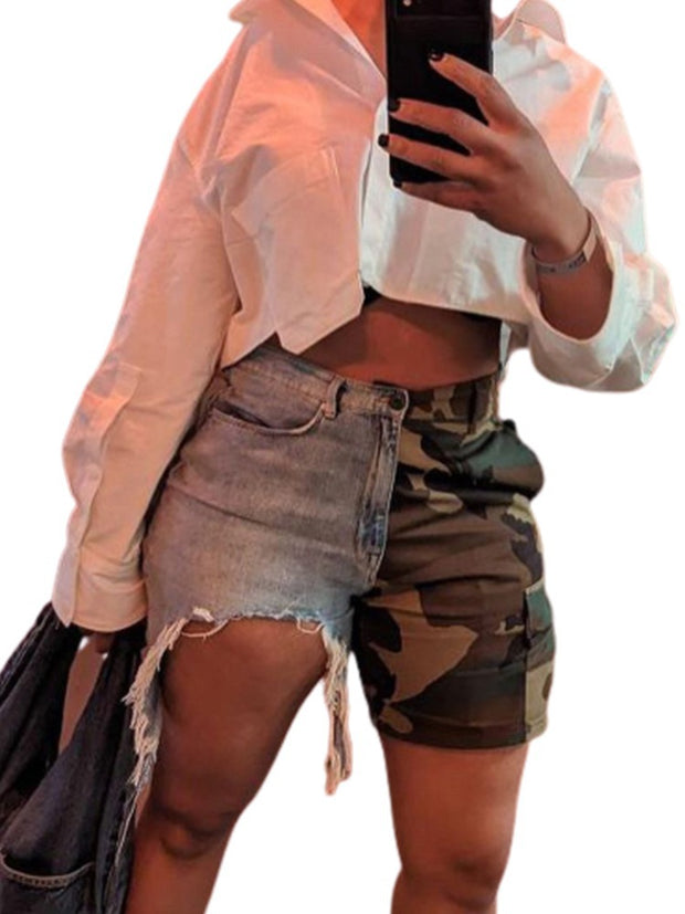 Women's Denim Stitched Camouflage Shorts