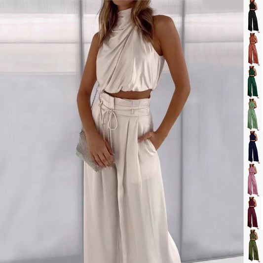 Casual Sleeveless Top And Wide Leg Pants Set