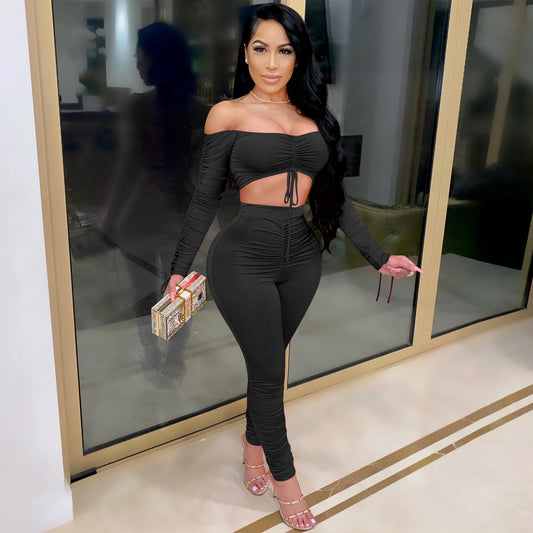 Pleated Off-shoulder Drawstring Oversleeves Lace-up