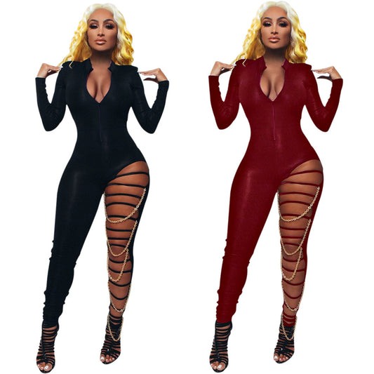 Deep V Chain Slim Fit Coveralls Nightclub Clothing