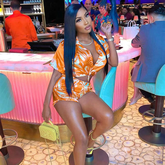 Satin Printed Shirt Short Two-piece Set