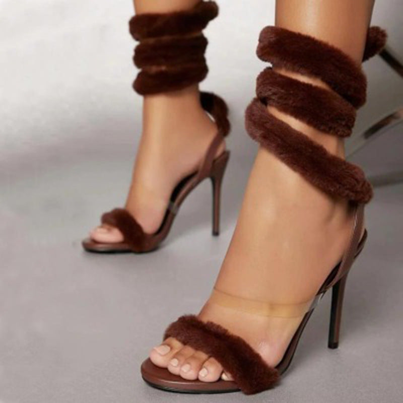 Open-toe Fur High-heeled Sandals