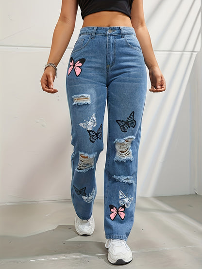High Waisted Straight Leg Jeans Trendy Butterfly Print Ripped Distressed Denim Pants
