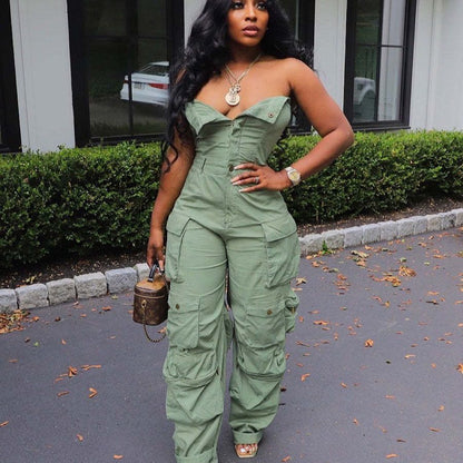 Single-breasted Multi-pocket Workwear Jumpsuit - Branpairriel Clothing Store