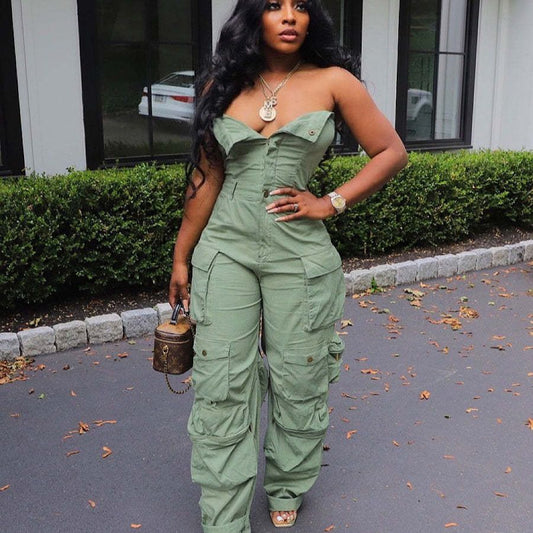 Single-breasted Multi-pocket Workwear Jumpsuit - Branpairriel Clothing Store
