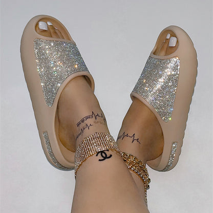 Rhinestone Slippers Women PeepToe Thick Sole Slides