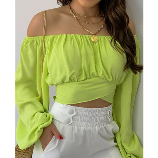Long-sleeved Lantern Sleeves Solid Color Short-sleeved One-way Neck V-neck Women's Clothing - Branpairriel Clothing Store