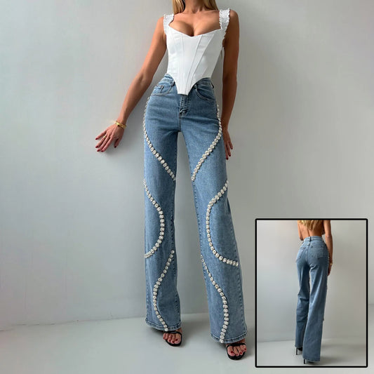 Loose Straight Leg Casual Pants With A Rhine Stone Denim Design