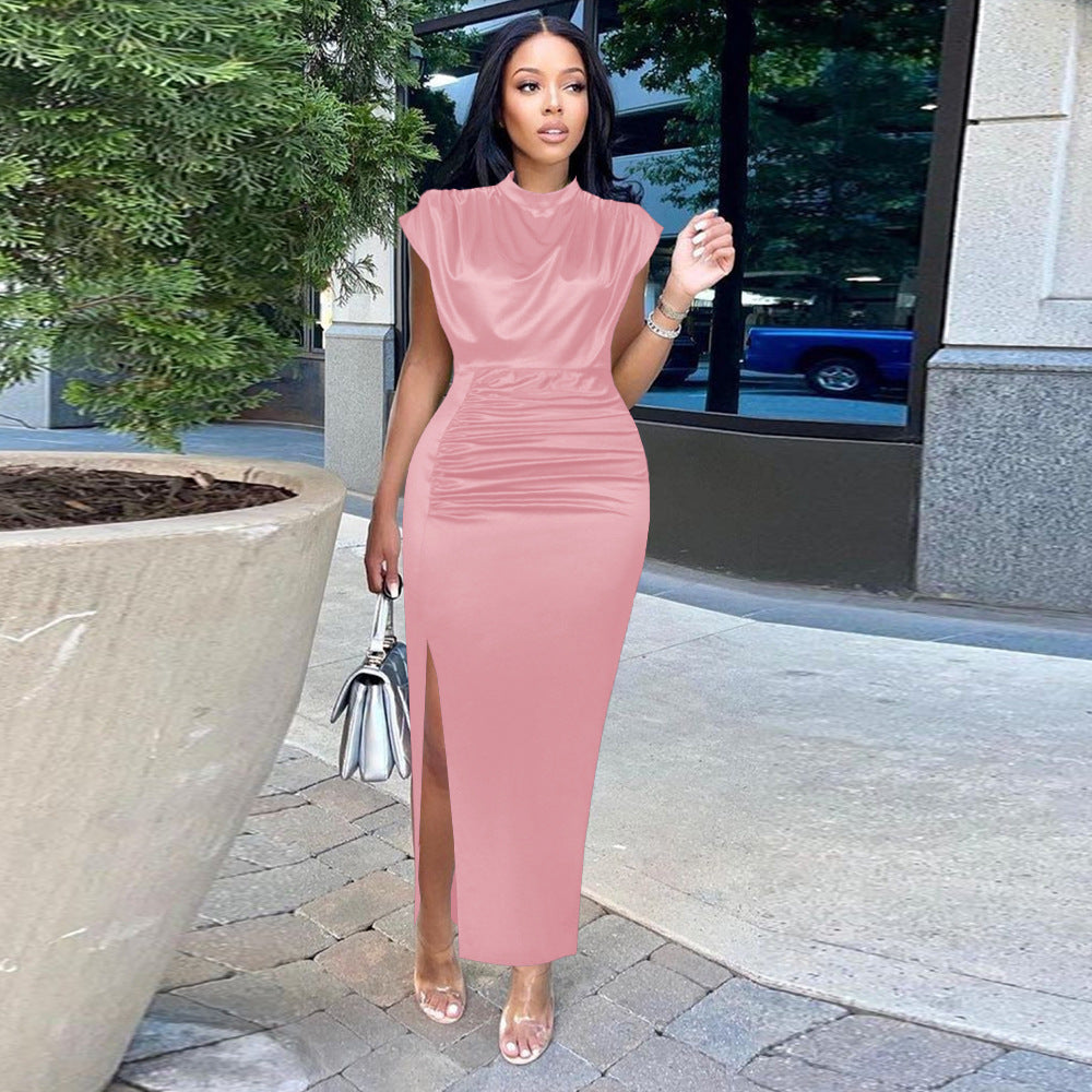 Short Sleeve Silk Slit Dress