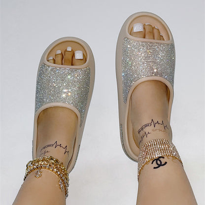 Rhinestone Slippers Women PeepToe Thick Sole Slides