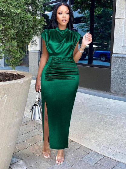 Short Sleeve Silk Slit Dress