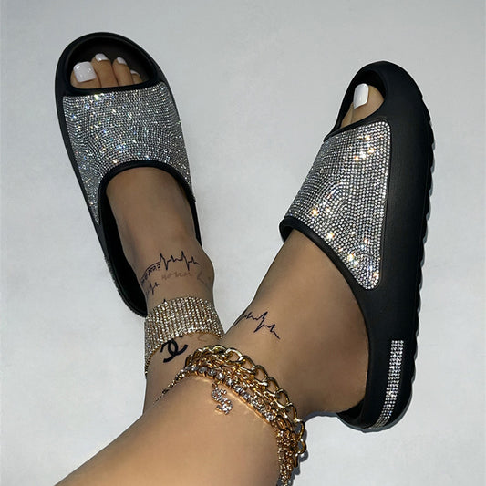 Rhinestone Slippers Women PeepToe Thick Sole Slides