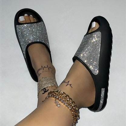 Rhinestone Slippers Women PeepToe Thick Sole Slides