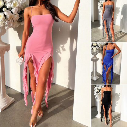 Sexy Suspender Tight Slim Skirt  Split Ruffle Design Dress