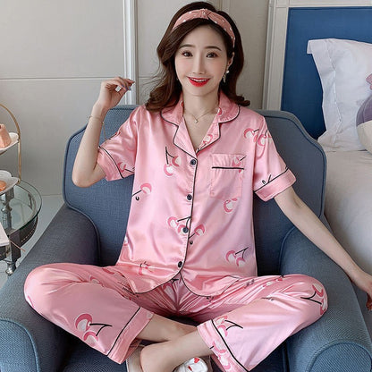 Spot Goods Cross-border E-commerce Plus Size Pajamas Summer Artificial Silk Printed Short Sleeve Plump Girls Outerwear Homewear Women
