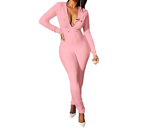 Long Sleeves V Kneck Gold button Design Jumpsuit